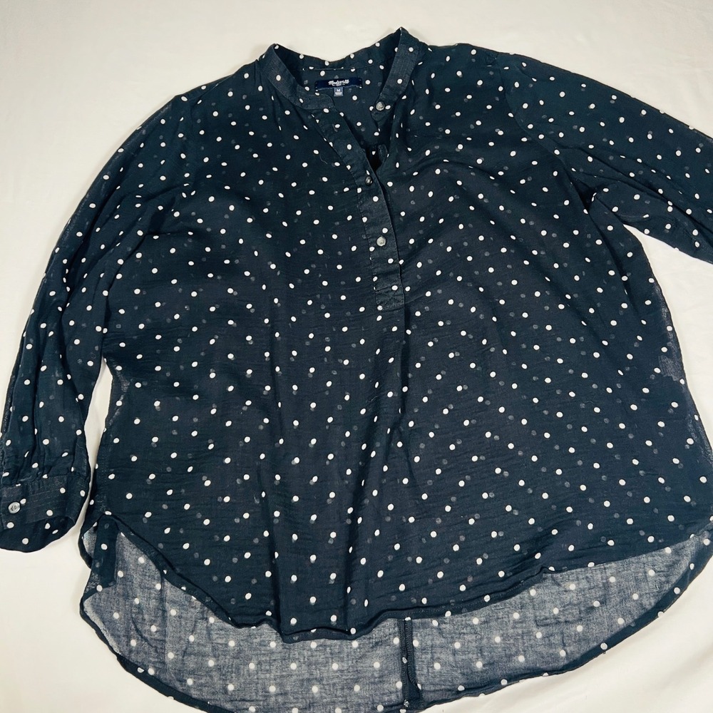 Madewell Polka Dot Cotton Gauze Blouse Black White Womens Size M Long Sleeve